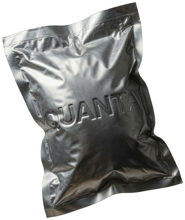 Silver vacuum-sealed pack embossed with the QUANTA logo